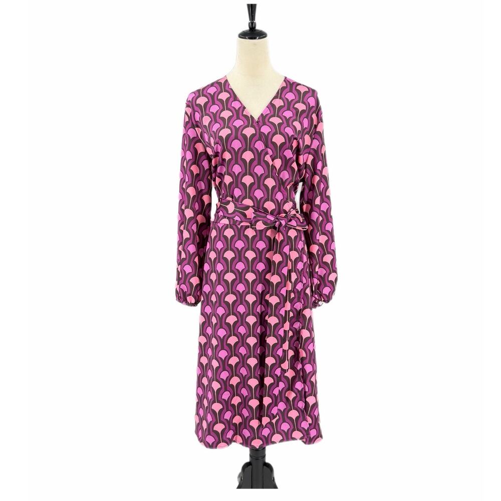 New York & Co NEW Purple Pink Geometric Fan Pattern Belted Jersey Midi Dress